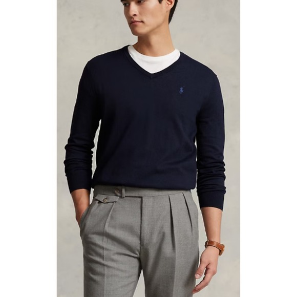 Ralph Lauren Men's Pima Cotton‎ V-Neck Sweater Size L Pony Logo Pullover Black - Picture 1 of 11